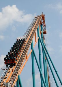 roller coaster, people, fun, entertainment, amusement, park, ride, speed, leisure, excitement, thrill, loop, fast, adventure, fear, track, summer, scary, attraction, vacation, scream, nature, recreation, sky, extreme, high, family, metal, rail, structure, twist, blue fear, blue metal